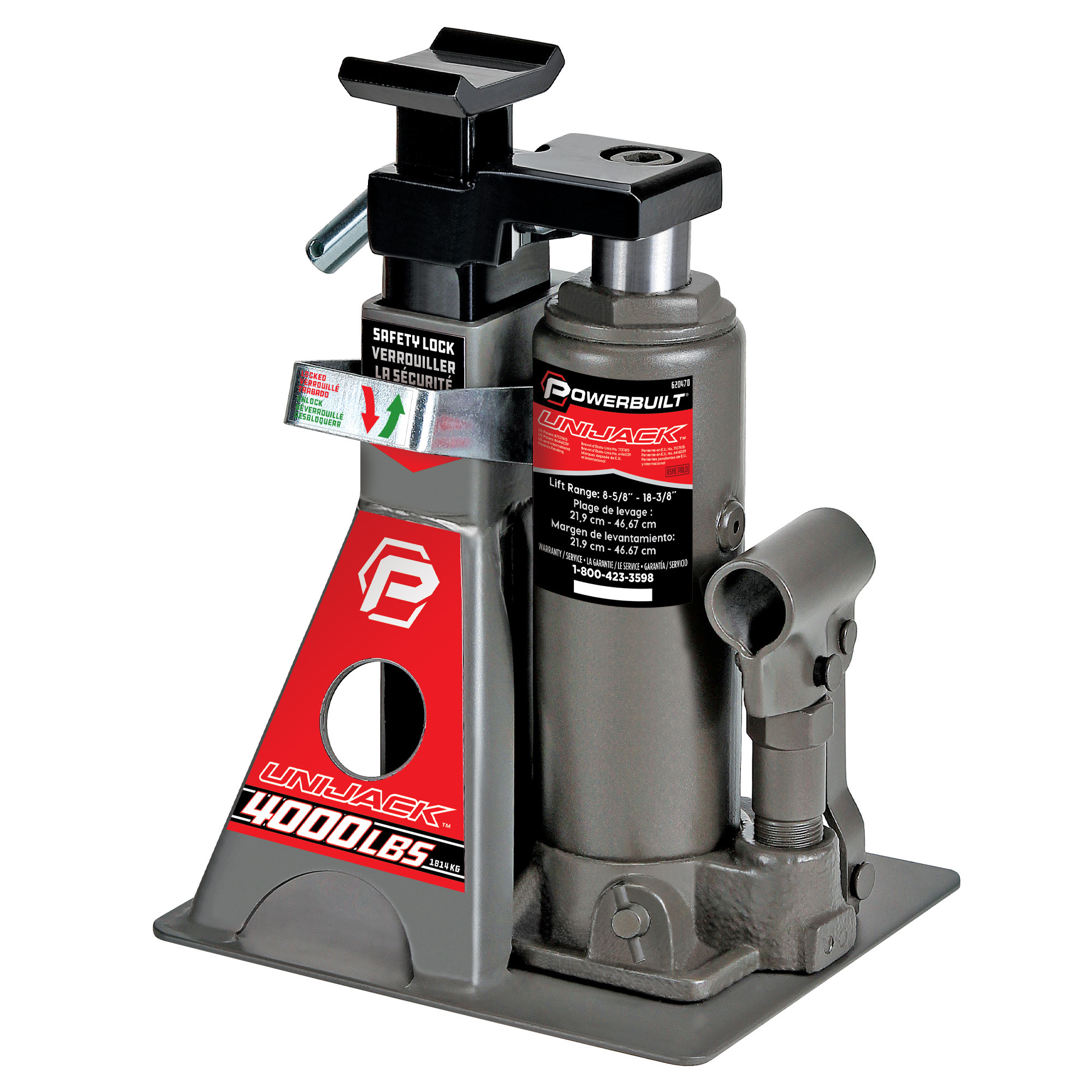 Powerbuilt, 2 Ton Unijack Bottle Jack and Jackstand in One, Lift Capacity 2 Tons, Max. Lift Height 18.38 in, Min. Lift Height 8.63 in, Model# 620470